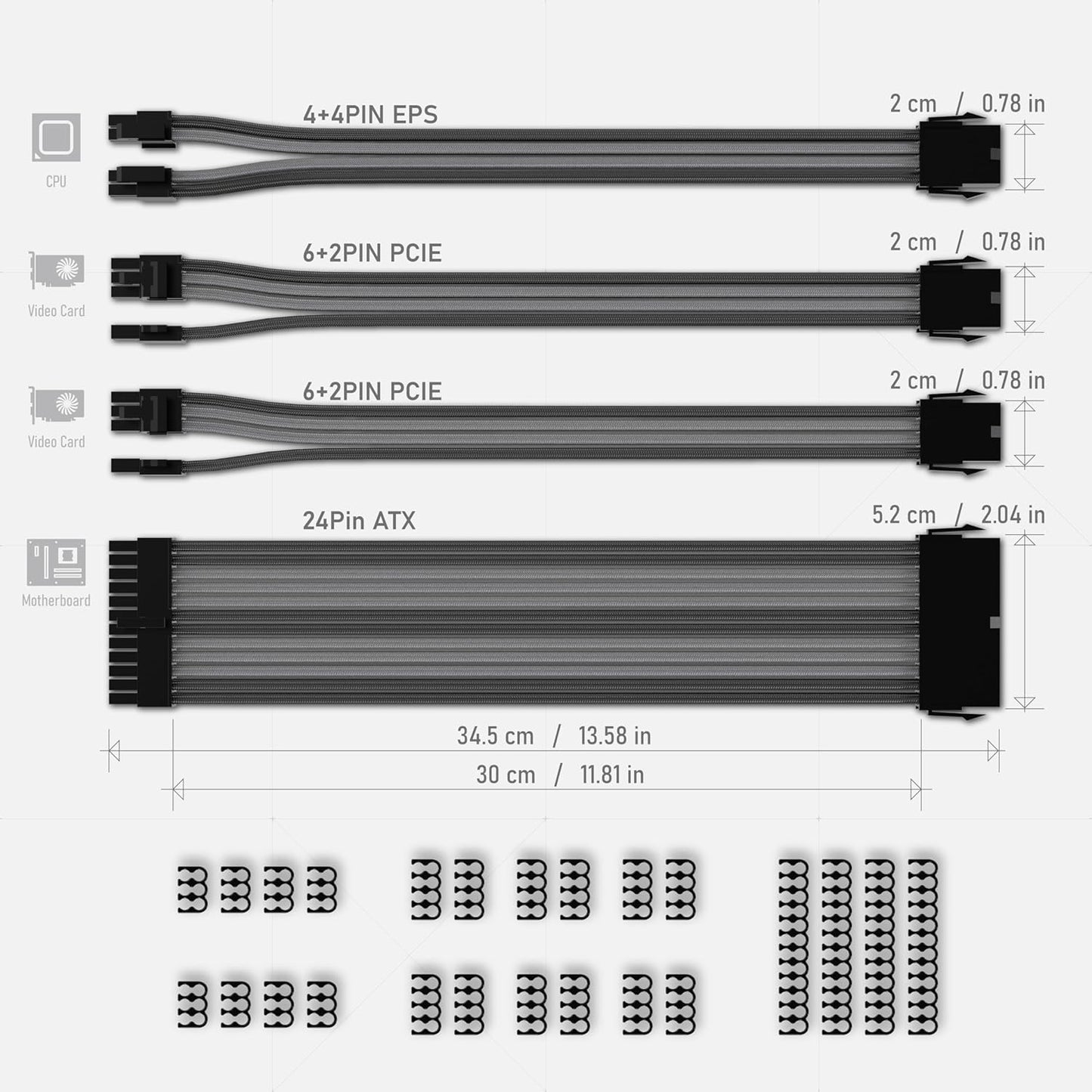 EZDIY-FAB PSU Extension Cable Sleeved Custom Mod PC Power Supply Cable, Soft Nylon Braided with Comb Kit 24PIN/8PIN to 6+2Pin/ 8PIN to 4+4PIN-30CM 300MM - All White Edition