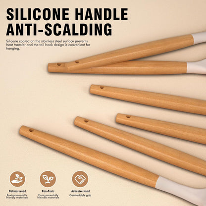 Silicone Cooking Utensils Set - Silicone Kitchen Utensils for Cooking Wooden Handles, 446°F Heat Resistant Kitchen Utensil Spatula Sets w Holder, Gadgets for Non-Stick Cookware BPA Free (Black)