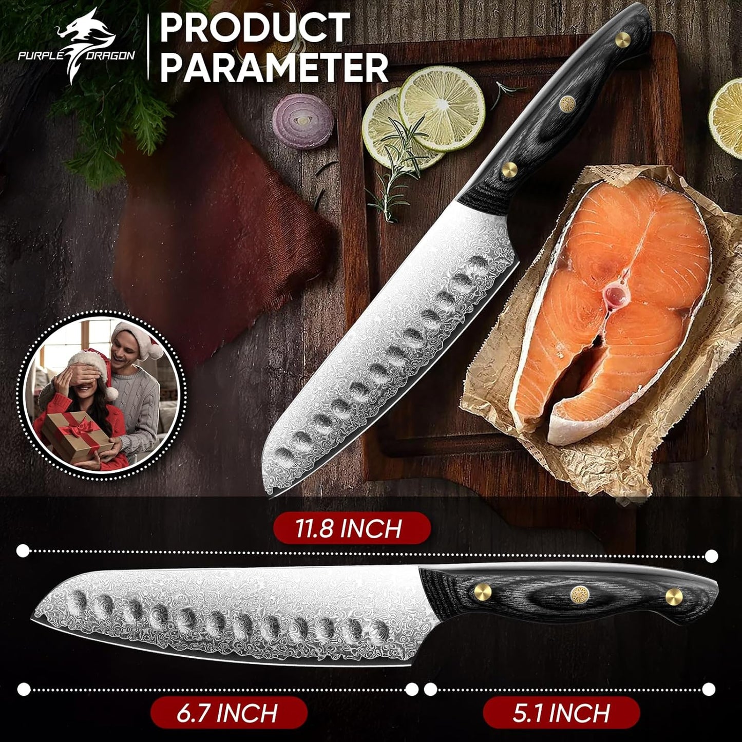 Purple Dragon Damascus Fish Fillet Knife - 7 inch Flexible Boning Knife with VG10 Core, Kitchen Slicing Knife with Full Tang Handle, Birthday Dad Mom Gift
