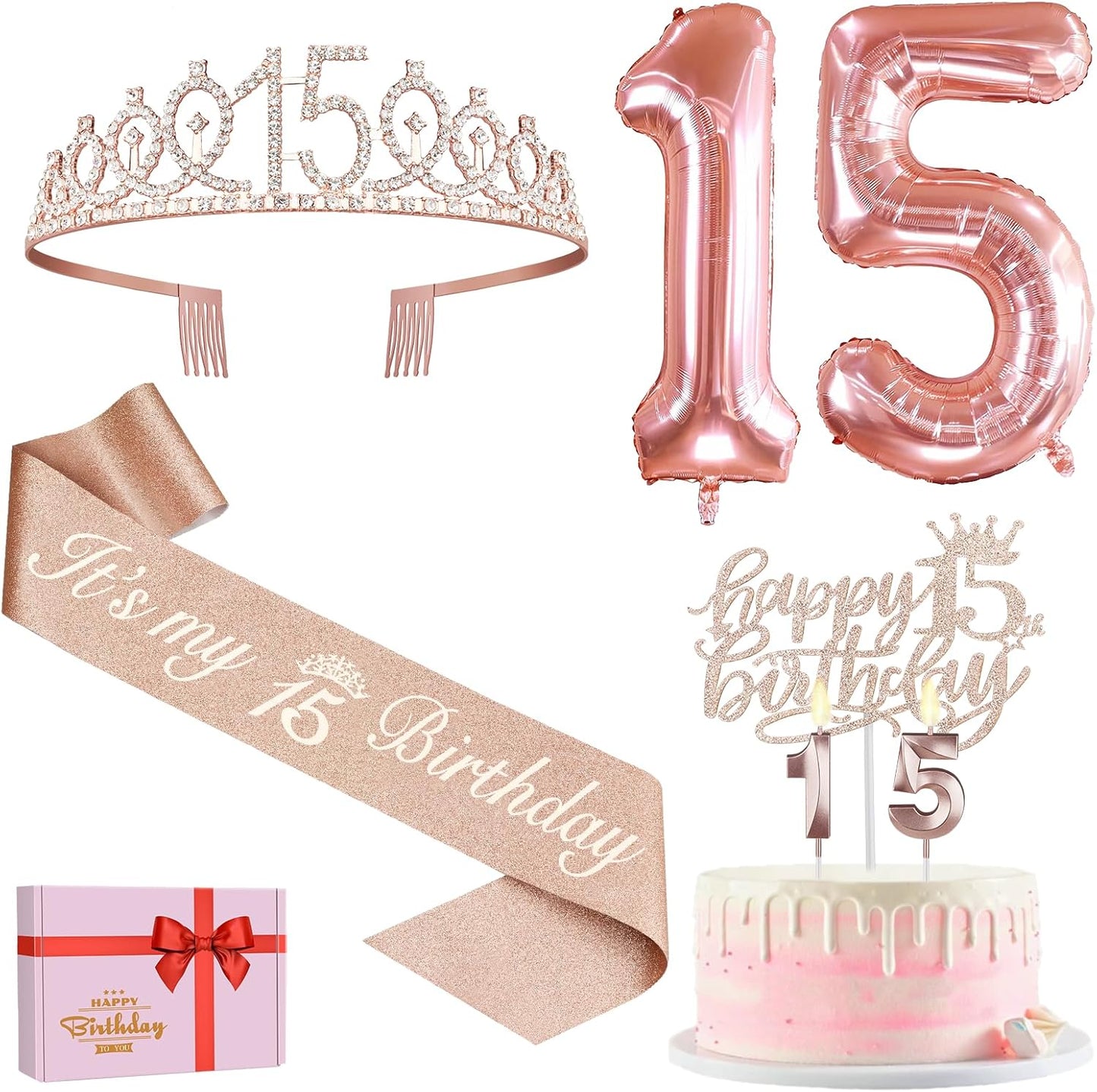 65th Birthday Decorations for Women, Including 65th Birthday Sash and Crown, Cake Topper and Candles, Number Balloons Rose Gold, 65 Year Old Gifts for Women