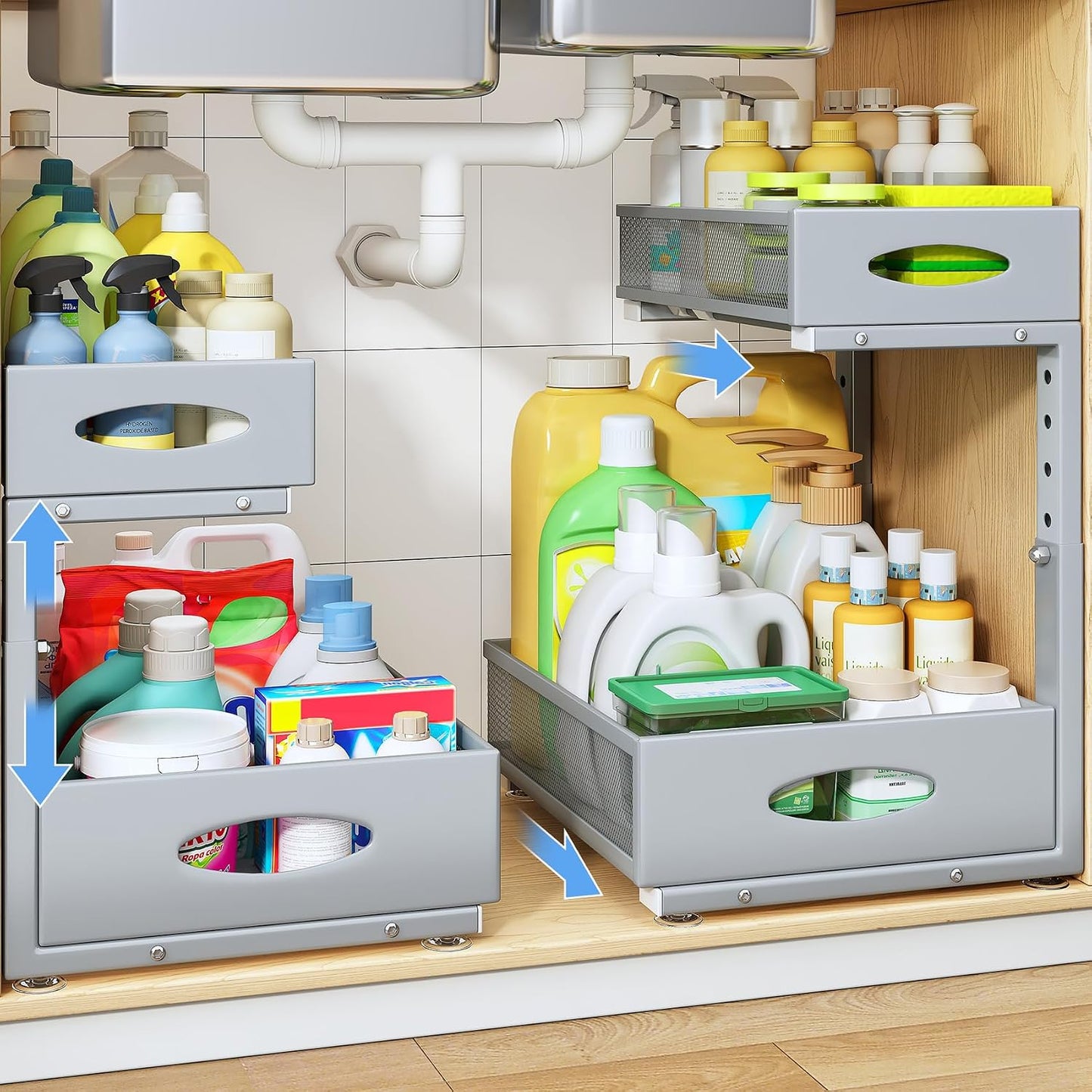 Under Sink Organizer, 2 Pack 2 Tier Pull Out Under Cabinet Organizer Shelf with Pad for Framed Cabinets, Metal Slide Out Under Sink Storage, Mesh Sliding Drawers for Kitchen Bathroom Laundry, Black