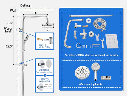 ROVOGO Retrofit Shower System with 7" RainShower, 5-Setting Handheld, 22" Slide Bar with 3-Way Rotary Diverter, Exposed Pipe Shower Column Kit 304 Stainless Steel, Chrome (NOT Include Mixer Valve)