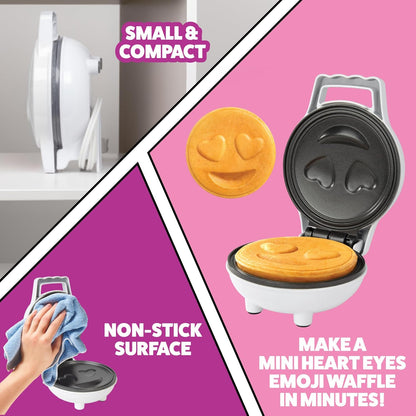 Heart Eyes Emoji Mini Waffle Maker- Make Breakfast Special w Cute Personal-Sized 4" Smiley Face Pancakes- Electric NonStick Baker Iron