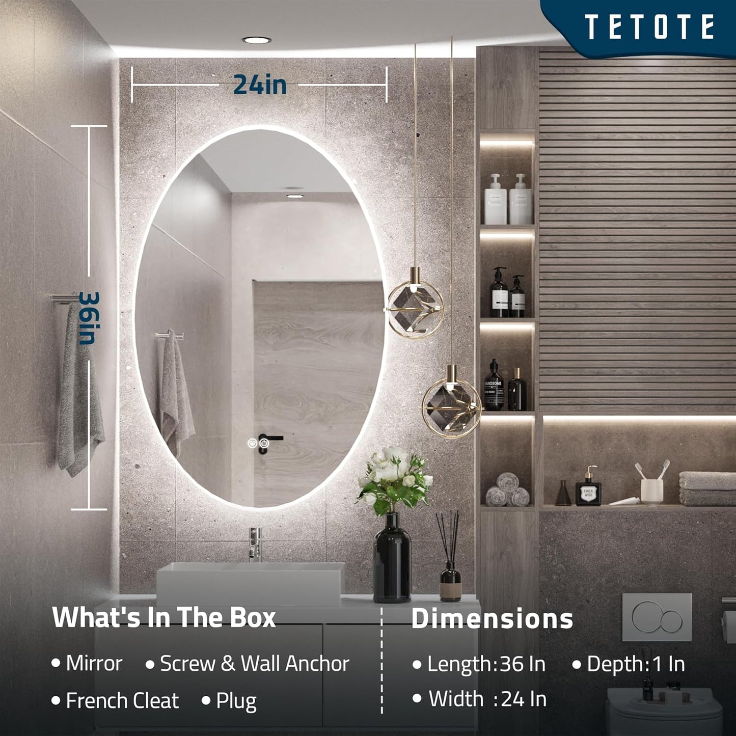 TETOTE 28 Inch Round LED Bathroom Vanity Mirror, Anti-Fog Dimmable Lights IP54 Waterproof Circle Makeup Wall Mounted Mirror