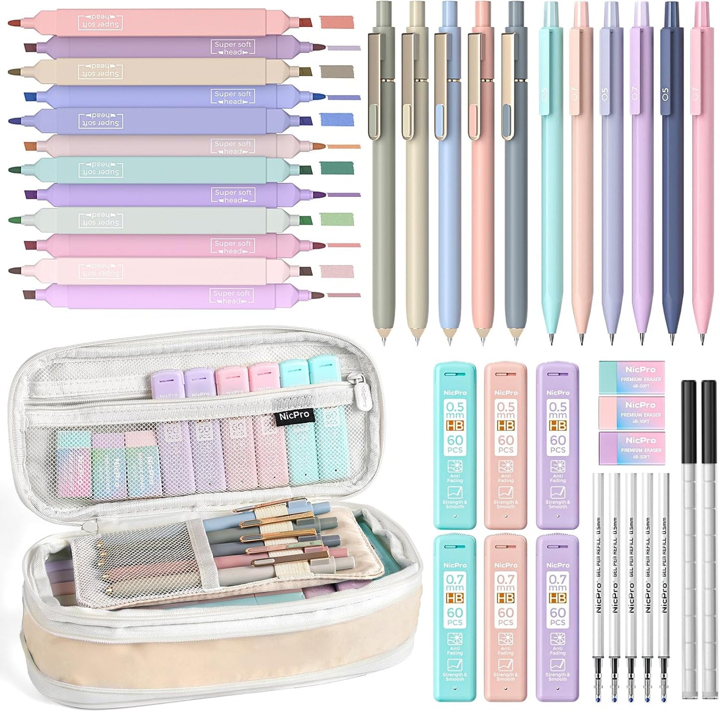 Nicpro 39 PCS Aesthetic School Supplies, Cute Pen Case Stationery Set,Green | 12 Highlighters, 5 Quick Dry Gel Pens, 6 Mechanical Pencils 0.5 & 0.7 mm, Back to School Kit for Student College Essentials