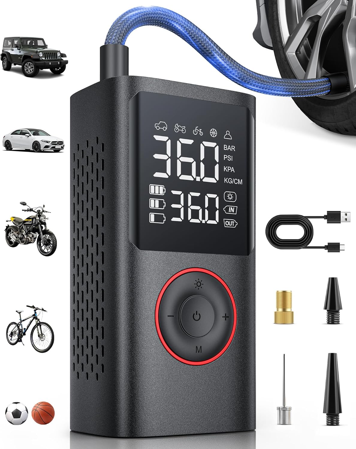 Powools Tire Inflator Portable Air Compressor, 150 PSI Cordless Mini Bike Tire Pump, Air Pump for Auto, Motorcycle, Bicycle, Balls with Pressure Gauge&LED Light, Black, 8.89 X 4.75 X 13.79 CM
