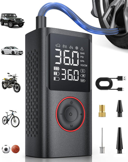 Powools Tire Inflator Portable Air Compressor, 150 PSI Cordless Mini Bike Tire Pump, Air Pump for Auto, Motorcycle, Bicycle, Balls with Pressure Gauge&LED Light, Black, 8.89 X 4.75 X 13.79 CM