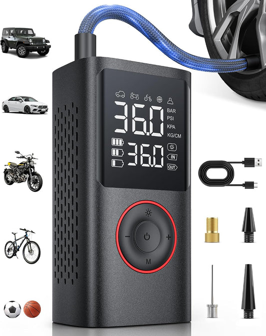 Powools Portable Tire Inflator, 150 PSI Cordless Air Compressor | Car, Motorcycle, Bicycle, Sports Balls, Drivers & Cyclists, Fast Inflation, LED Light, Black, 8.89 x 4.75 x 13.79 cm