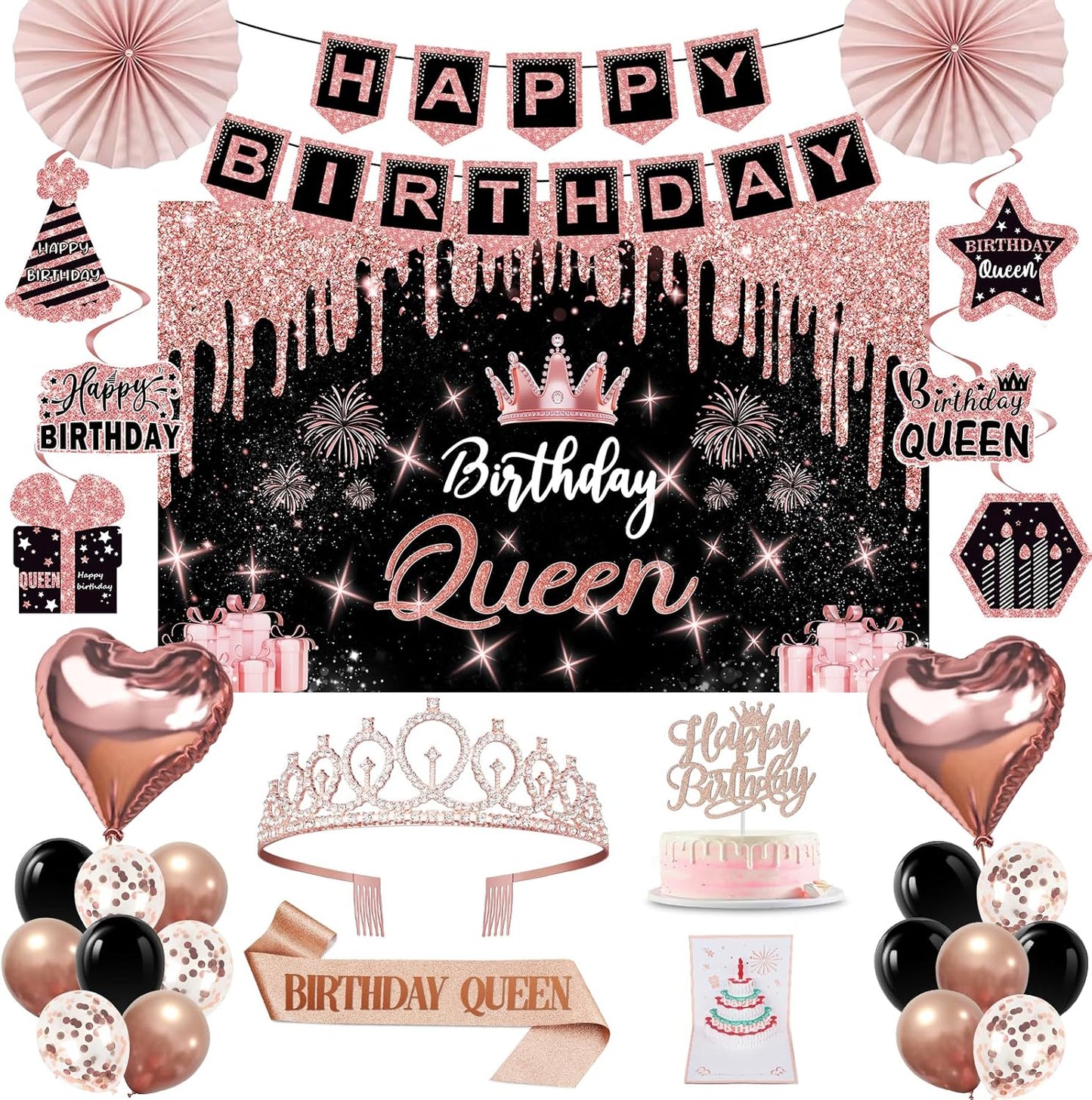 40th Birthday Decorations for Women,32pcs 40th Birthday Party Decorations,Including Backdrop, Crown,Sash,banner, Hanging Swirl,Cake Topper,balloons,Paper Fans,Anniversary Card and paper fans