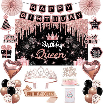 40th Birthday Decorations for Women,32pcs 40th Birthday Party Decorations,Including Backdrop, Crown,Sash,banner, Hanging Swirl,Cake Topper,balloons,Paper Fans,Anniversary Card and paper fans