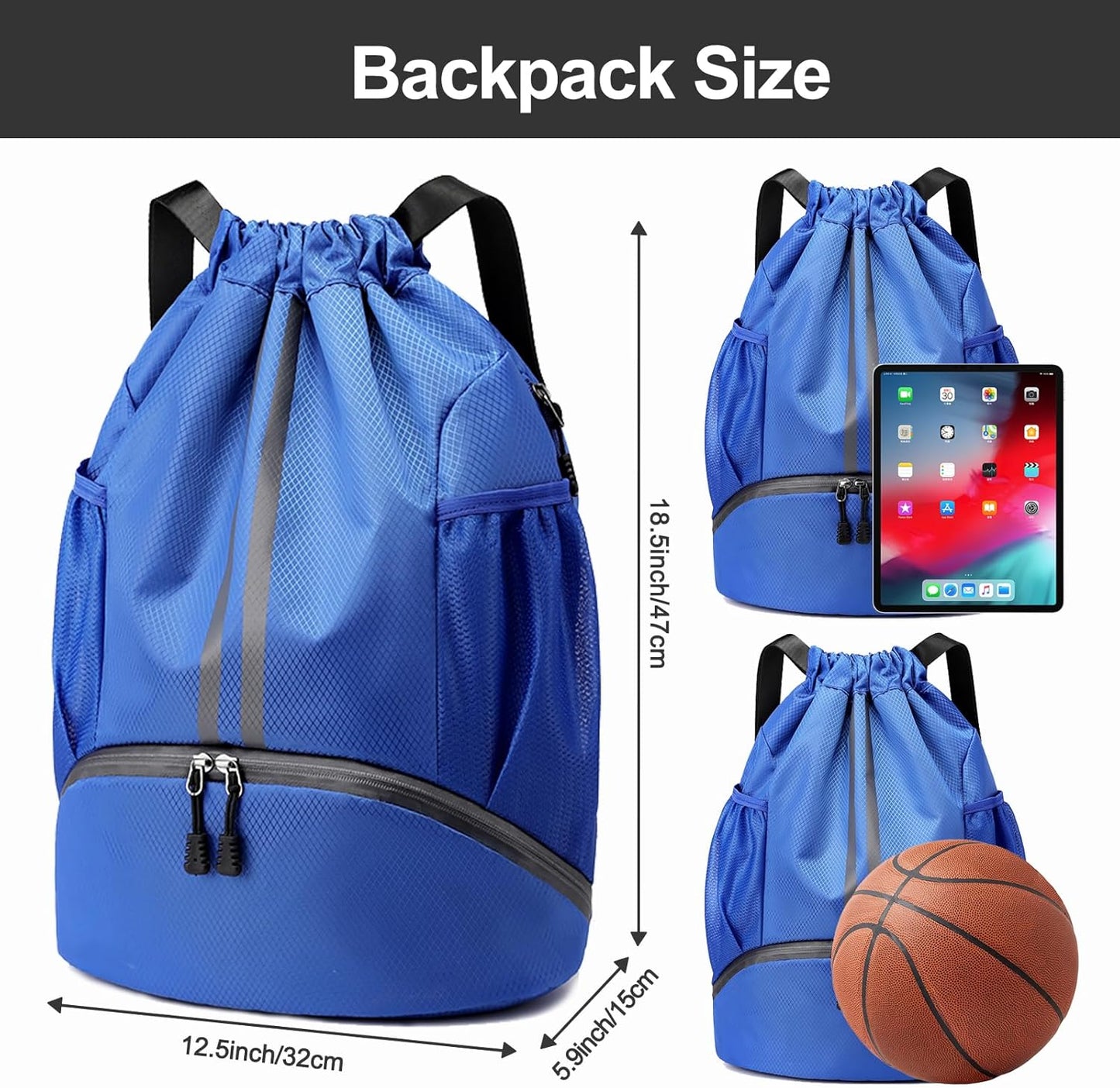 Hoedia Sports Drawstring Backpack - String Swim Gym Bag with Shoes Compartment and Wet Proof Pocket for Women/Men