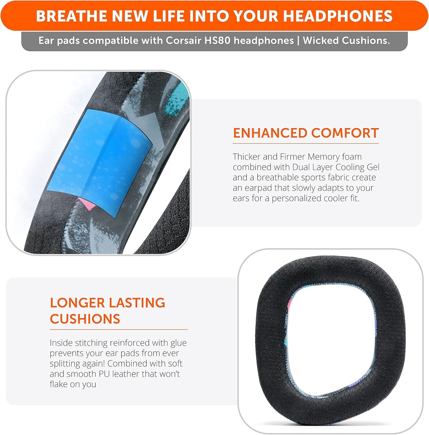 WC Freeze HS80 - Cooling Gel Earpads for Corsair HS80 RGB Wireless, Wired, & HS80 Max by Wicked Cushions - Elevate Comfort, Thickness & Sound Isolation for Epic Gaming Sessions | Black