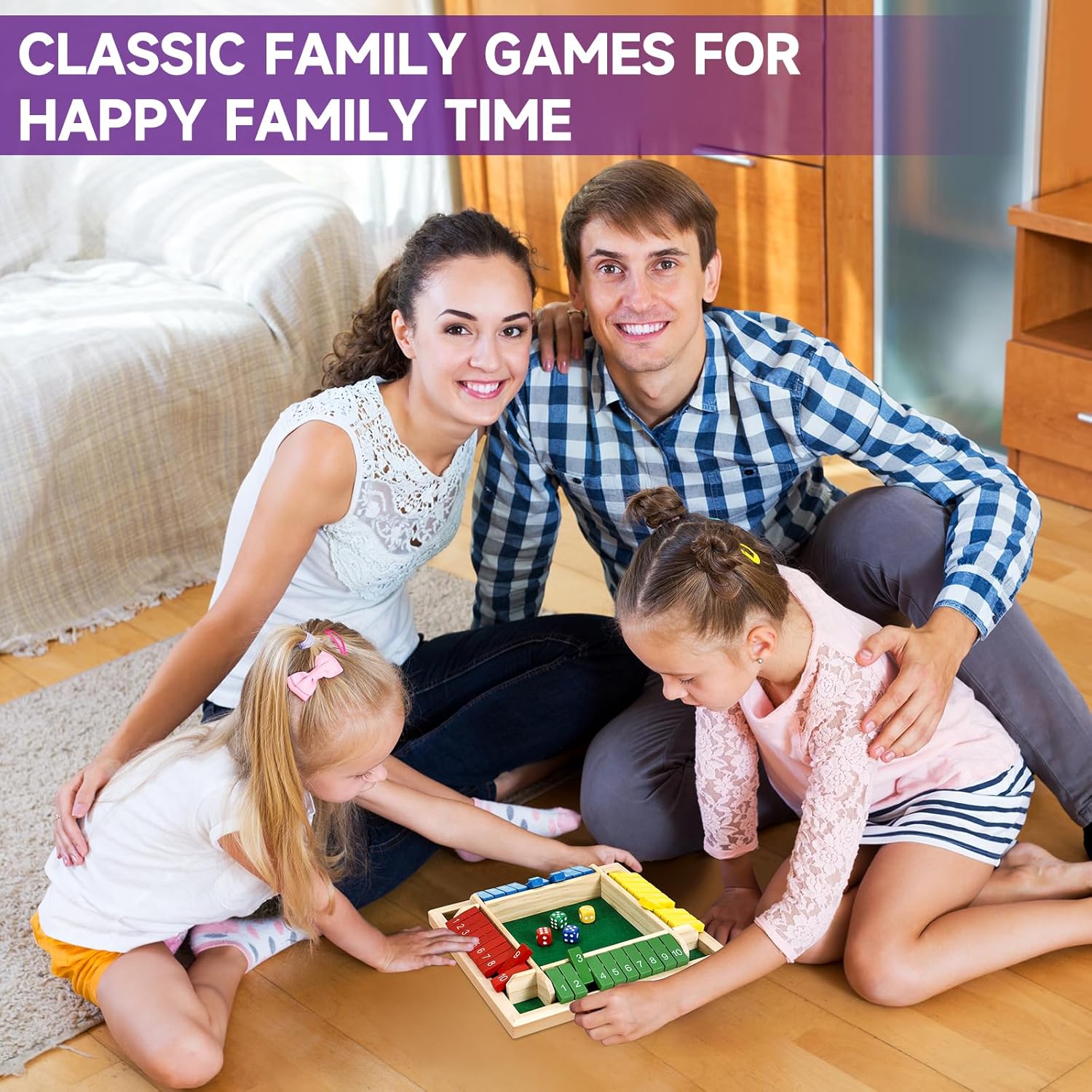 Shut The Box Dice Game for 1–4 Players, Traditional Wooden Math Board Game with 10 Number Tiles, Classic Tabletop Game for Family, Classroom, and Party Play - PuriLite