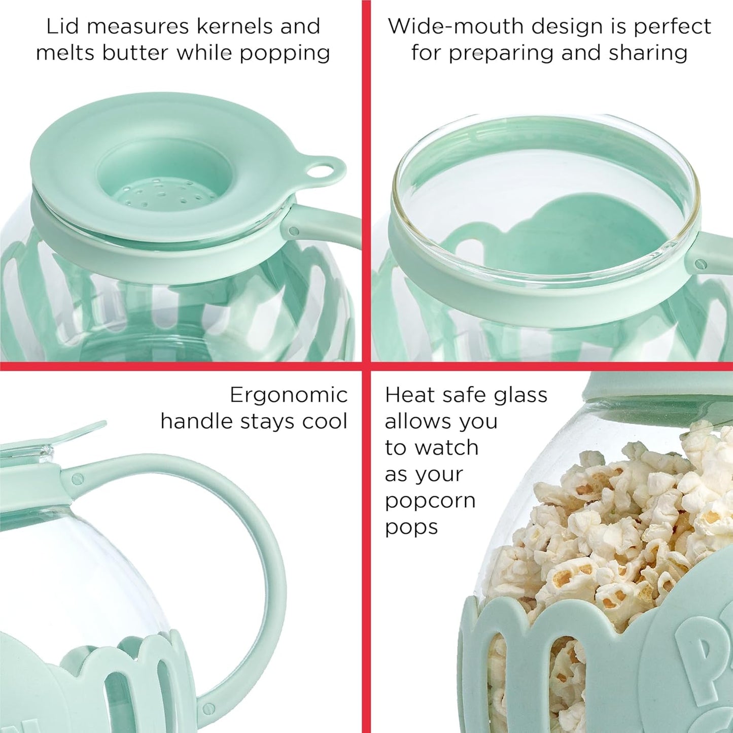 Ecolution Patented Micro-Pop Microwave Popcorn Popper with Temperature Safe Glass, 3-in-1 Lid Measures Kernels and Melts Butter, Made Without BPA, Dishwasher Safe, 3-Quart, Aqua