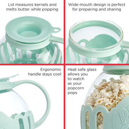 Ecolution Patented Micro-Pop Microwave Popcorn Popper with Temperature Safe Glass, 3-in-1 Lid Measures Kernels and Melts Butter, Made Without BPA, Dishwasher Safe, 3-Quart, Aqua
