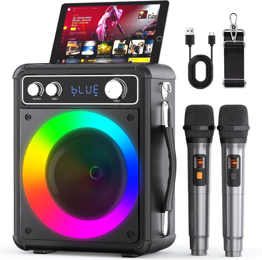 Karaoke Machine, Portable Bluetooth Speaker with 2 Wireless Microphones, PA System for Adults Kids with LED Lights, Supports REC/FM/AUX/USB/TF for Home Party