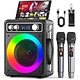 Karaoke Machine, Portable Bluetooth PA Speaker with 2 Wireless Microphones for Adults & Kids with Lights, Karaoke Microphone with PA System Supports USB/TF/REC/FM/AUX for Home Party(Black)