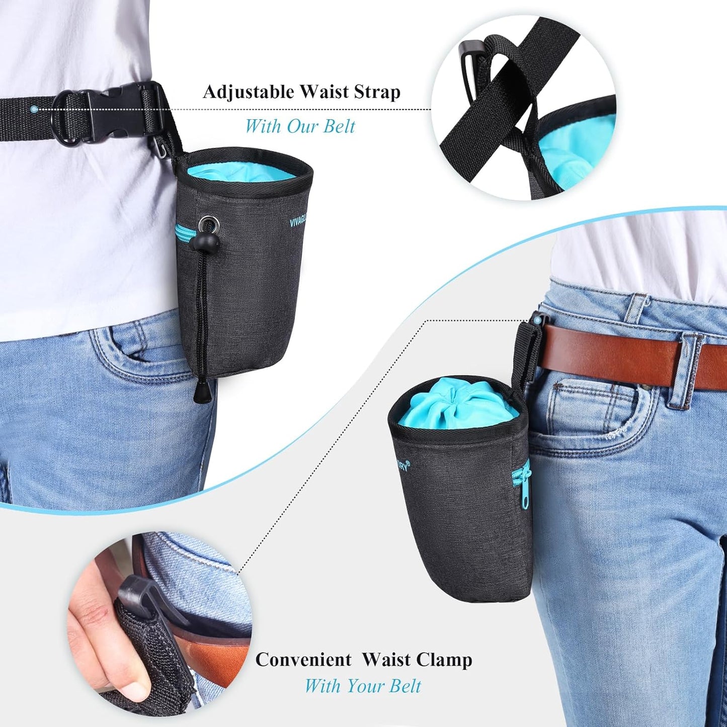 VIVAGLORY Dog Treat Bags, Puppy Pet Dog Training Treats Pouch Hands-Free 2 Ways to Wear with Adjustable Waistband and Built-in Dog Waste Bag Dispenser, Heather Black