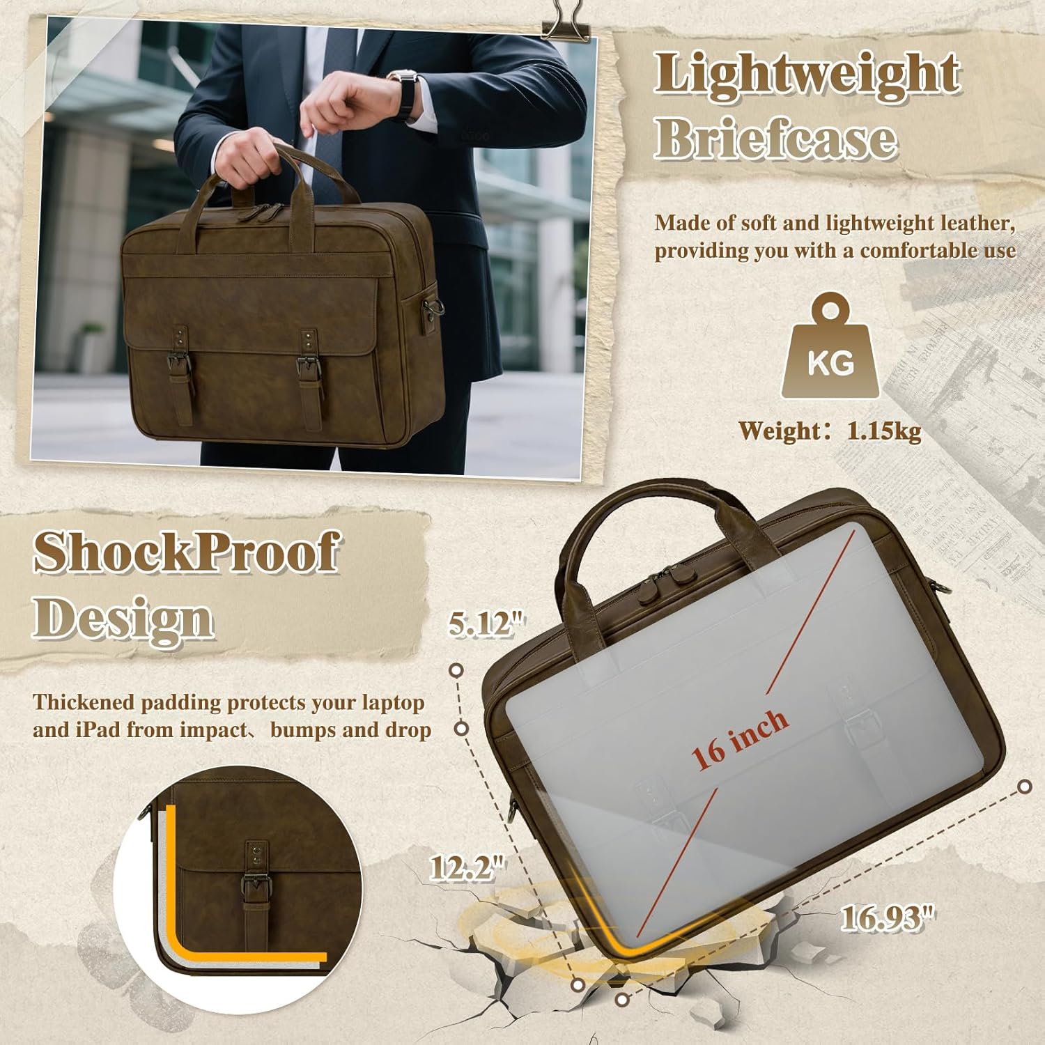 RAINSMORE Messenger Bag for Men 16 Inch Laptop Bag Vintage Leather Waterproof Laptop Briefcases Large Computer Satchel Bag - PuriLite