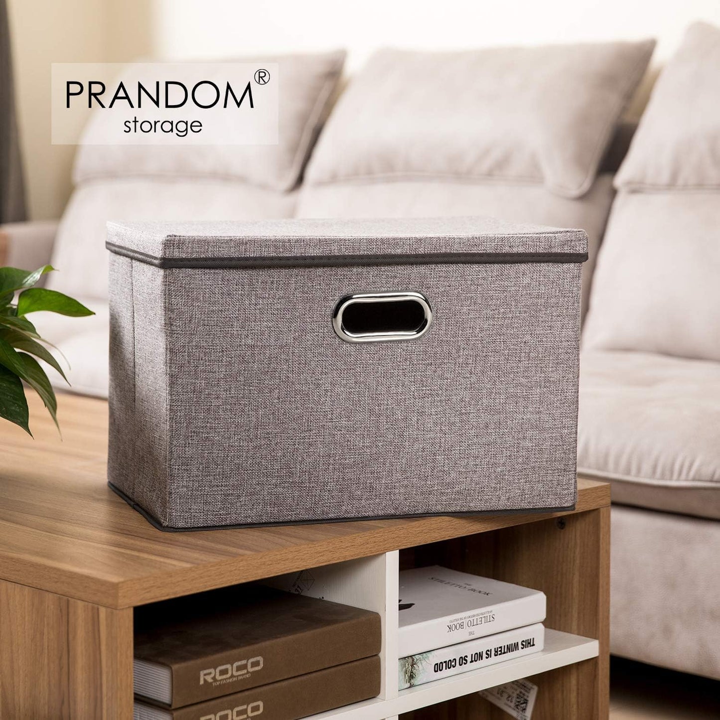 PRANDOM Large Foldable Storage Bin with Lid [1-Pack] Linen Fabric Decorative Storage Box Organizer Containers Basket Cube with Handles Divider for Bedroom Closet Office Living Room (17.7x11.8x11.8")