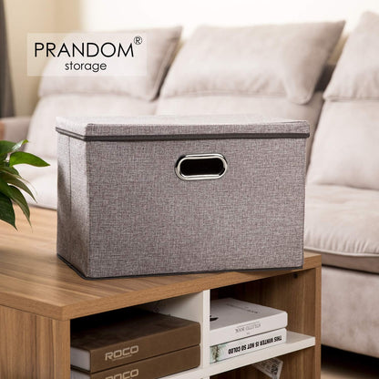 PRANDOM Large Foldable Storage Bin with Lid [1-Pack] Linen Fabric Decorative Storage Box Organizer Containers Basket Cube with Handles Divider for Bedroom Closet Office Living Room (17.7x11.8x11.8")