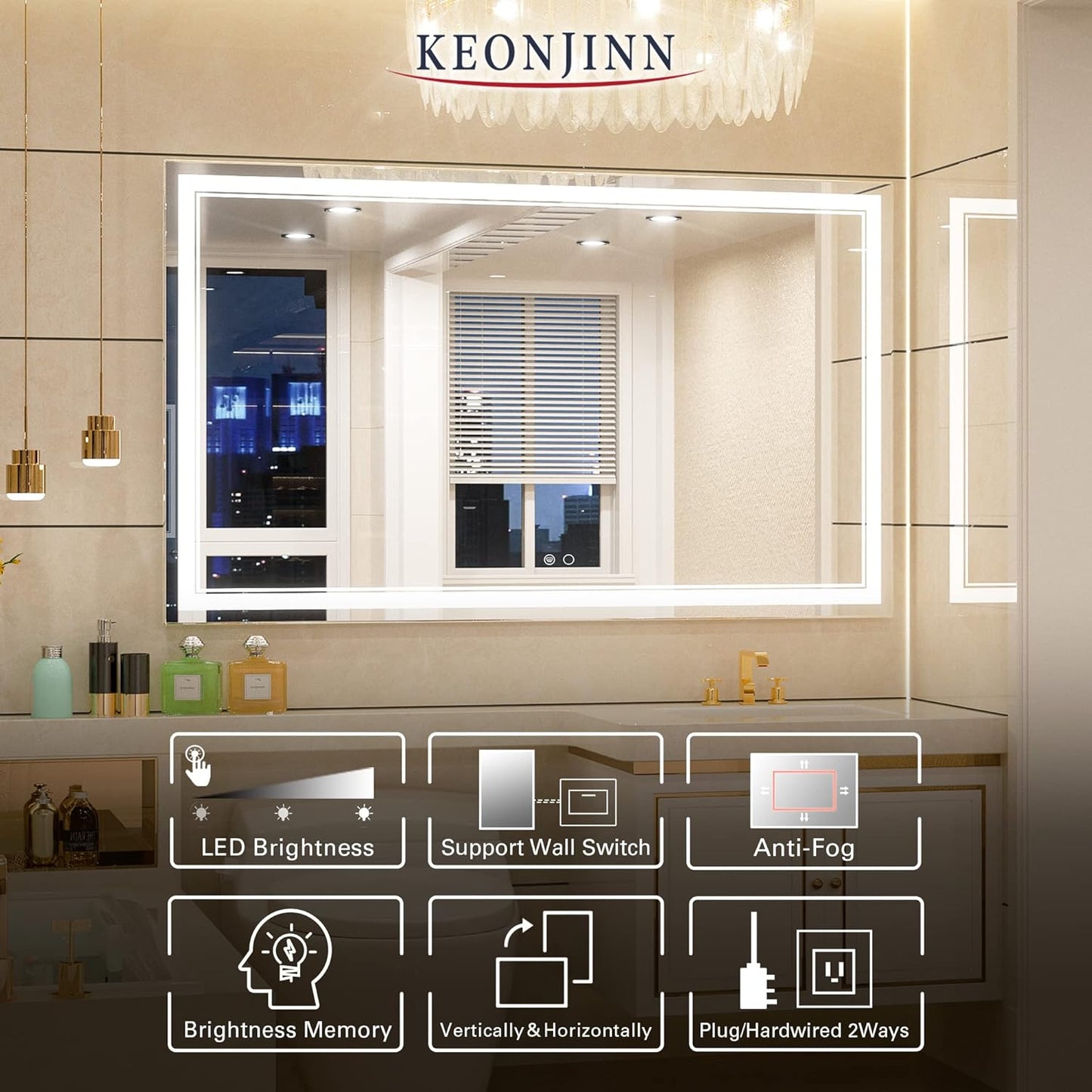 Keonjinn 40 x 24 Inch LED Mirror, Bathroom Mirror with Lights, LED Vanity Mirror, Wall Mounted Anti-Fog Dimmable Lighted Makeup Mirror for Bedroom, IP54 Waterproof (Horizontal/Vertical)