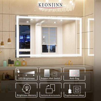 Keonjinn 40 x 24 Inch LED Mirror, Bathroom Mirror with Lights, LED Vanity Mirror, Wall Mounted Anti-Fog Dimmable Lighted Makeup Mirror for Bedroom, IP54 Waterproof (Horizontal/Vertical)
