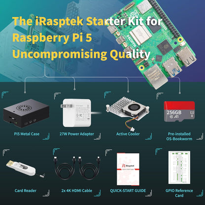 iRasptek Starter Kit for Raspberry Pi 5 RAM 16GB - 256GB Edition of OS-Bookworm Pre-Installed (Aluminum Case)