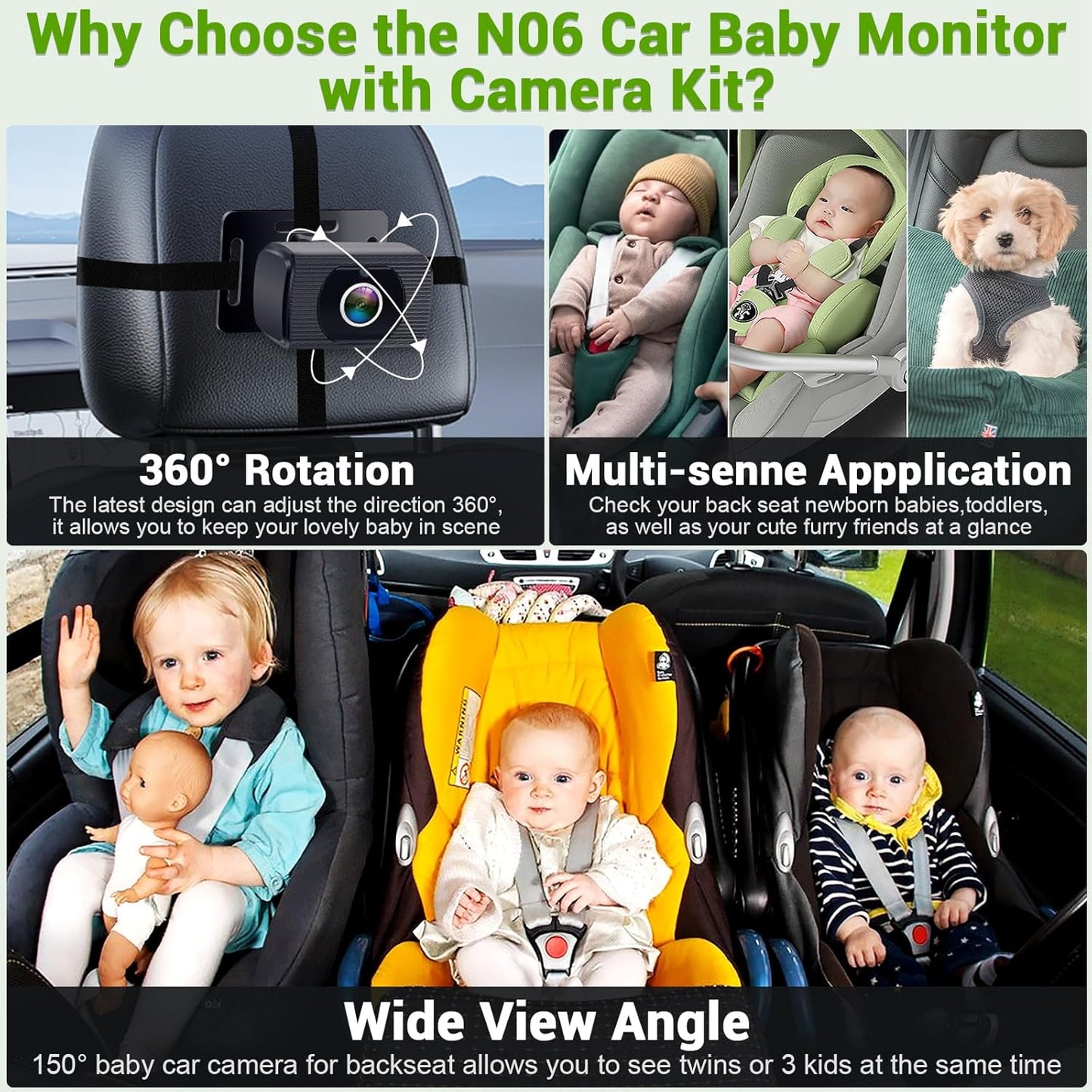 Rohent Baby Car Camera HD 1080P - Rear-Facing Infant Monitor with Night Vision Car Camera for Baby 150° Wide-Angle Lens Anti-Glare Screen Easy Install 360° Adjustable Display