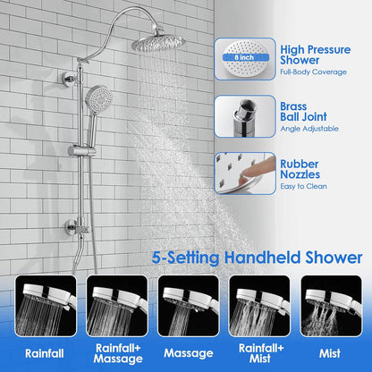 ROVOGO Retrofit Shower System with 7" RainShower, 5-Setting Handheld, 22" Slide Bar with 3-Way Rotary Diverter, Exposed Pipe Shower Column Kit 304 Stainless Steel, Chrome (NOT Include Mixer Valve)