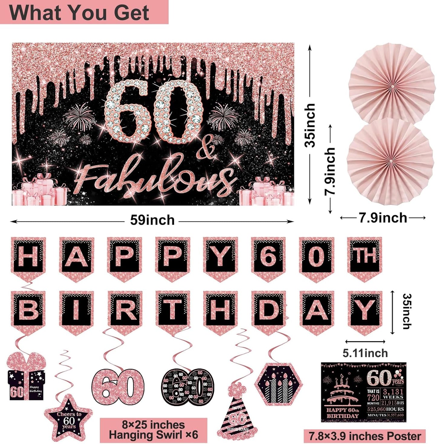 40th Birthday Decorations for Women,32pcs 40th Birthday Party Decorations,Including Backdrop, Crown,Sash,banner, Hanging Swirl,Cake Topper,balloons,Paper Fans,Anniversary Card and paper fans