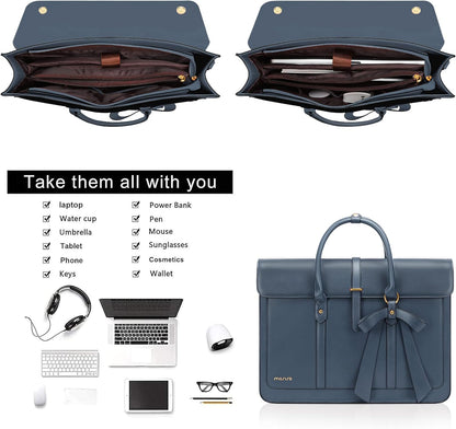 MOSISO Laptop Bag for Women, PU Leather Laptop Shoulder Bag Convertible Backpack, Work Travel Computer Bag with Bowknot - PuriLite