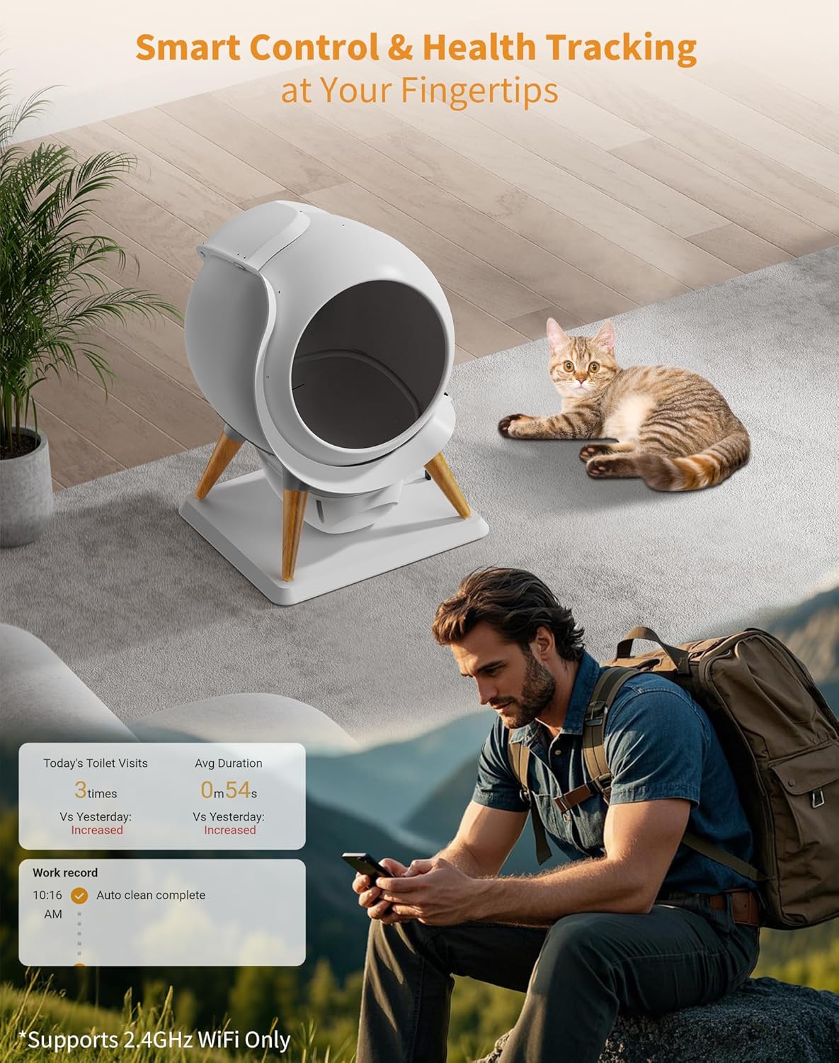 HoneyGuaridan Self Cleaning Cat Litter Box, Automatic Cat Litter Box for Multiple Cats,Water Rinsable and Easy to Clean,APP Control,Integrated Safety Protection,2 Roll Garbage Bags