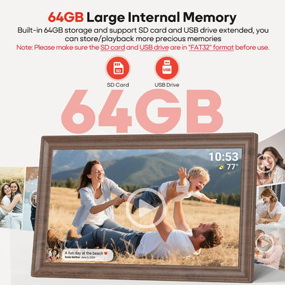 64GB 15.6" Frameo Digital Picture Frame WiFi, Large Electronic Photo Frames 1920 x 1080 IPS FHD Touch Screen, Send Photos from Your Phone from Anywhere, Best Gifts for Family and Friends Brown Wood