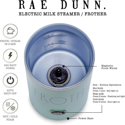 Rae Dunn - Electric Milk Frother - Elegant Automatic Milk Steamer and Frother, Milk Warmer, Hot and Cold Frothing Machine for Coffee, Latte, Cappuccino, Macchiato,