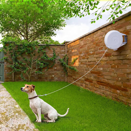 Retractable Dog Tie Out Reel Wall Mounted, White, 49ft