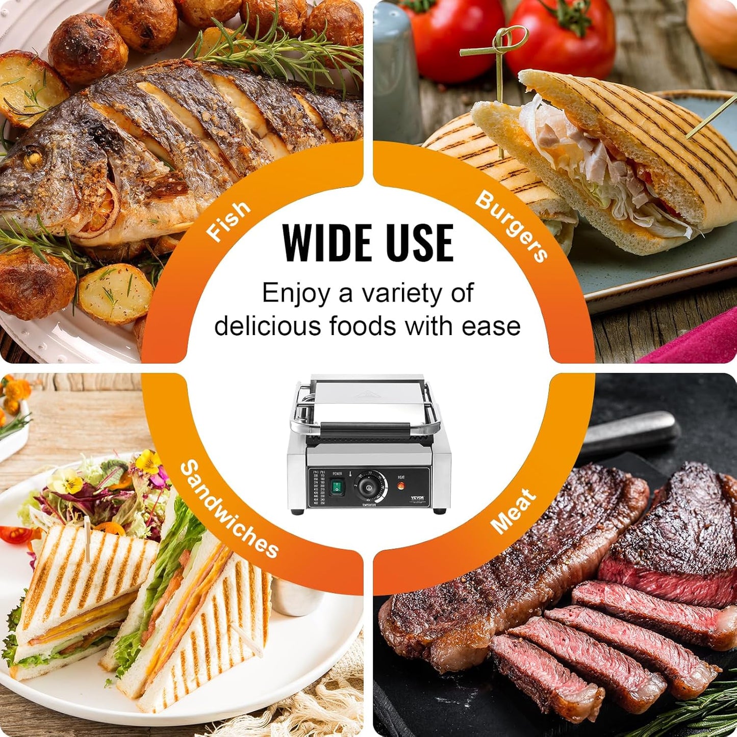 VEVOR 7 IN 1 Electric Contact Grill,1800W Indoor Panini Press Griddle,Stainless Steel Teppanyaki Grill with Nonstick&Removable Iron Plate, 0-446℉ Adjustable Temp Control,LCD Display,110V