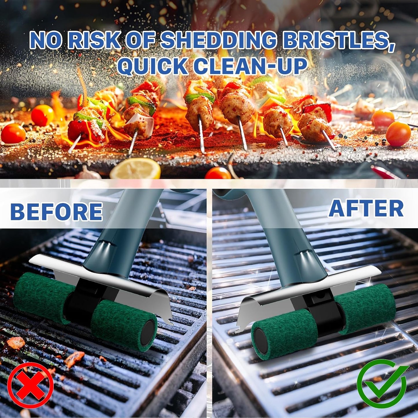 Hillyfe Electric Grill Brush,Grill Brush Bristle Free Dual Rotating Brush Heads Save Time,with 450 RPM&LED Light Includes 4 Scouring Pads,Suitable for Square,Round and Mesh Barbecue Grills,Blue