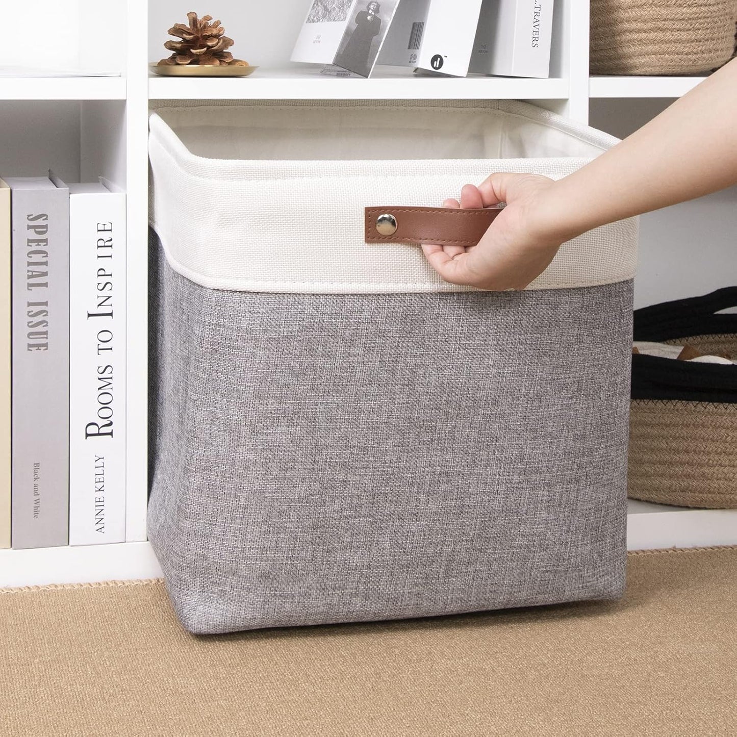 DULLEMELO Storage Baskets for Shelves, Fabric Collapsible Rectangular Storage Bins for Shelves, Closets, Nursery, Home, Office, Empty Gift Baskets (White&Teal)