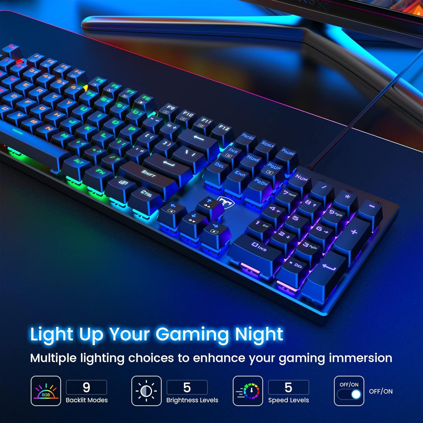 Mechanical Gaming Keyboard,RGB 104 Keys Ultra-Slim Rainbow LED Backlit USB Wired Keyboard with Blue Switches,Durable ABS Keycaps/Anti-Ghosting/Spill-Resistant Mechanical Keyboard for PC Mac Xbox Gamer