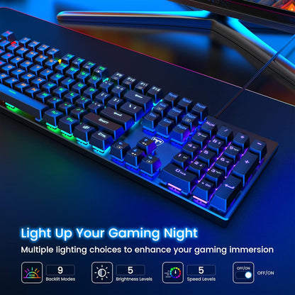 Mechanical Gaming Keyboard,RGB 104 Keys Ultra-Slim Rainbow LED Backlit USB Wired Keyboard with Blue Switches,Durable ABS Keycaps/Anti-Ghosting/Spill-Resistant Mechanical Keyboard for PC Mac Xbox Gamer