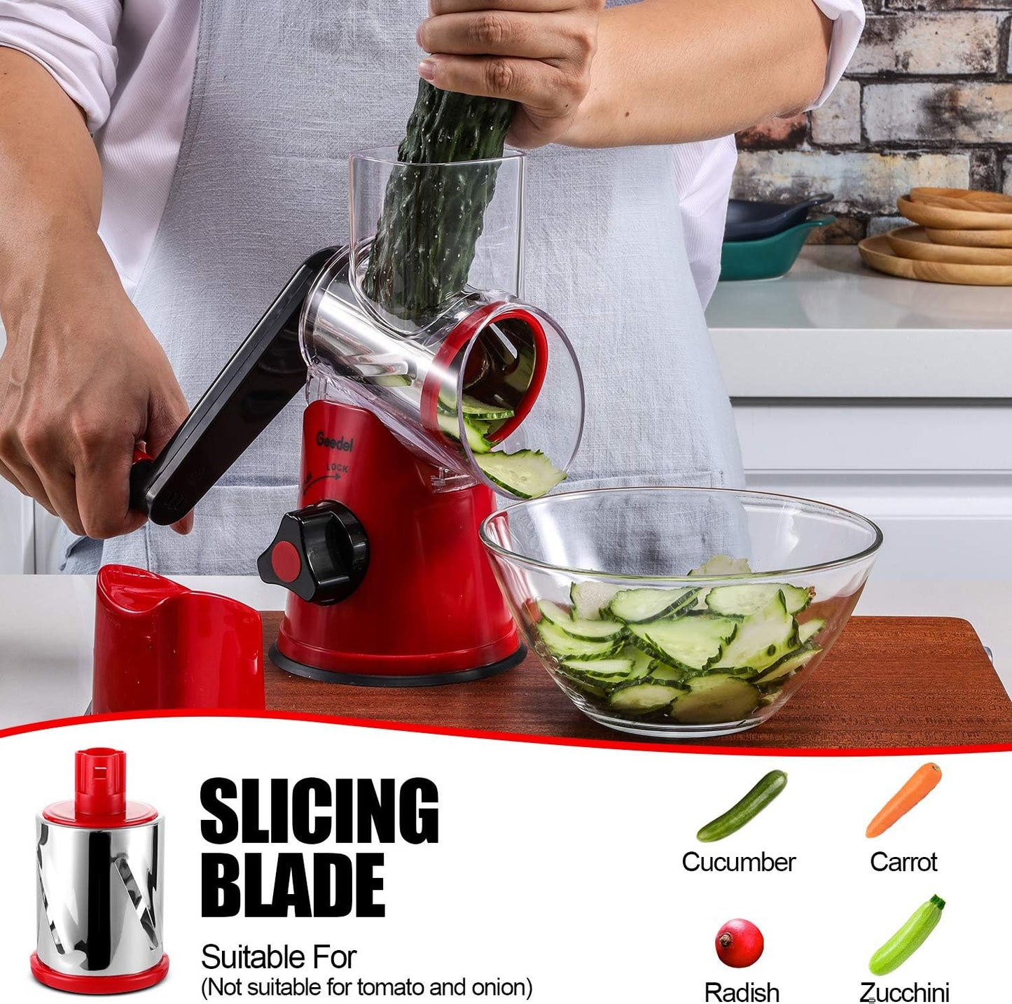 Geedel Kitchen Cheese Grater, Rotary Mandoline Vegetable Slicer with Interchangeable Blades, Easy to Use Rotary Grater Slicer for Fruit, Vegetables, Nuts
