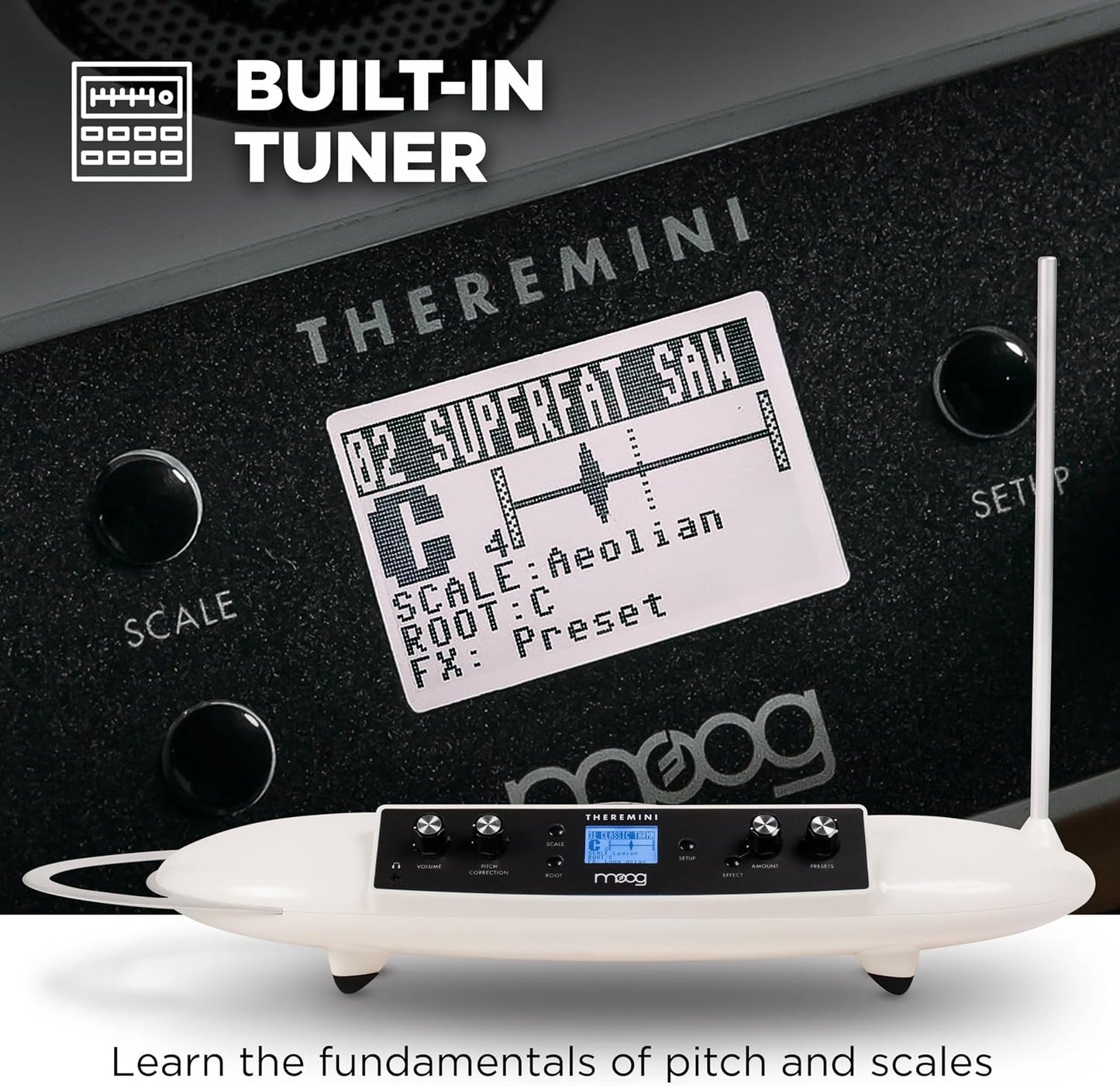 Moog Theremin - Theremini | Pitch Correction, CV Out, Built-In Tuner and Speaker, AniMOOG Synthesizer Sound Engine with 32 Presets, LCD Screen