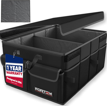 FORTEM Car Trunk Organizer, Collapsible Multi Compartment Car Organizer, Foldable SUV Storage for Car Accessories for Women Men, Non Slip Bottom, Securing Straps, Soft Cover 50L (Black, Standard)