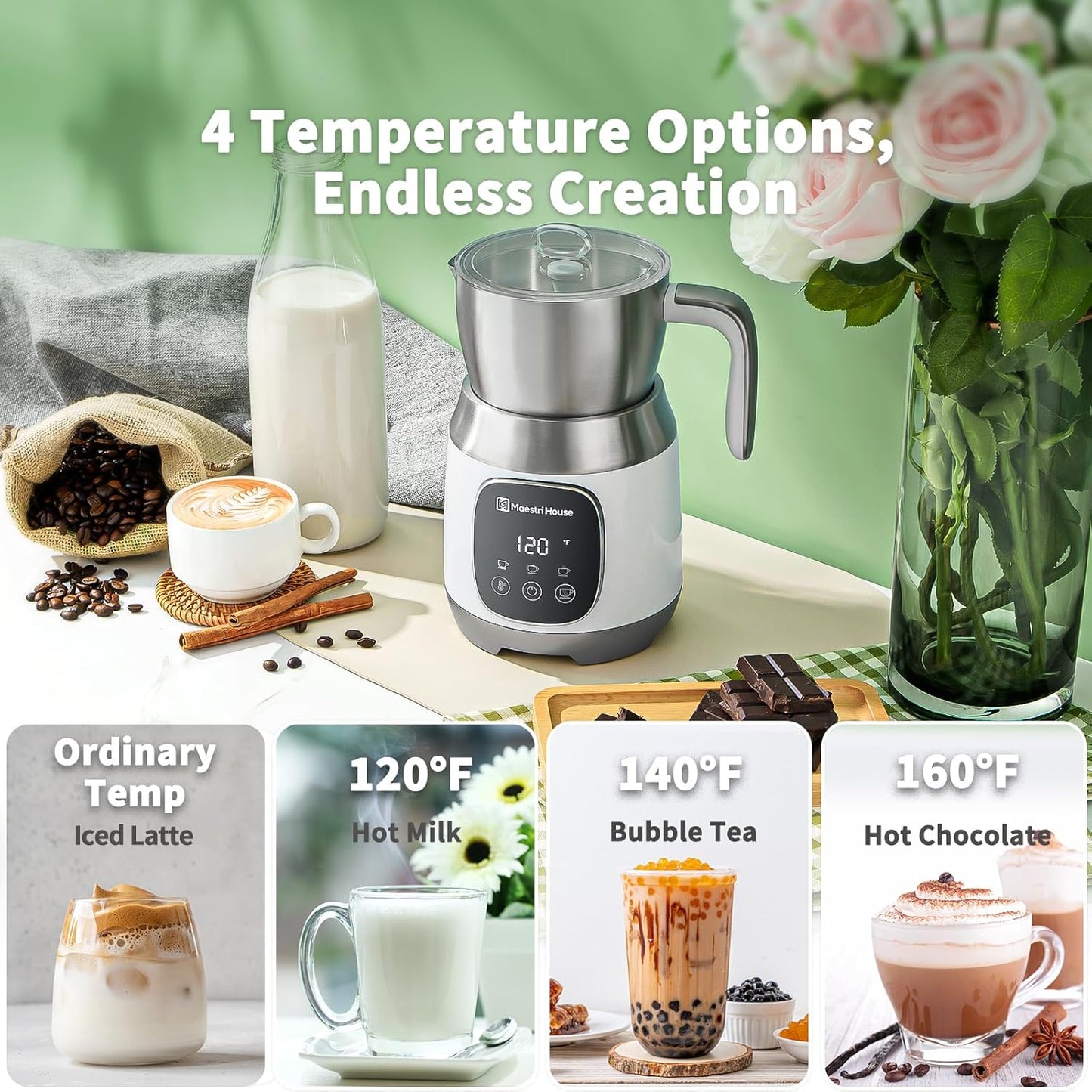 Maestri House Milk Frother, Variable Temp and Froth Thickness Milk Frother and Steamer, 21OZ/600ML Smart Touch Control Milk Warmer, Dishwasher Safe, Memory Function for Latte Cappuccino (White)