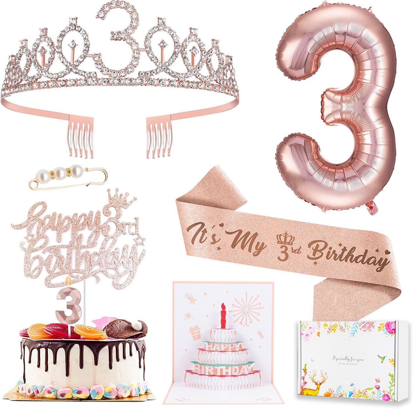8pcs 40th Birthday Decorations gifts for Women, Including 40th Happy Birthday Cake Topper, Queen Sash with Pearl Pin, Sweet Rhinestone Tiara Crown for Women, Number Candles and Balloons (Rose Gold)