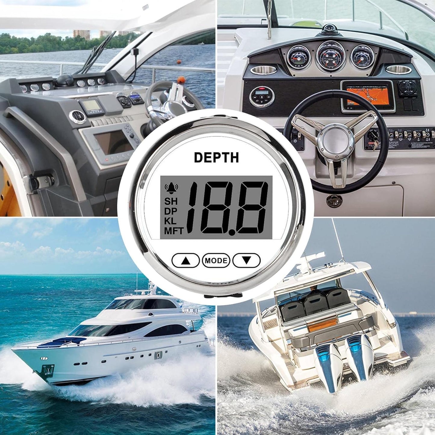 Depth Transducer, fish finders Depth Sounder Waterproof Dash Depth Finder Transducer with White Backlight for Yachts Boats