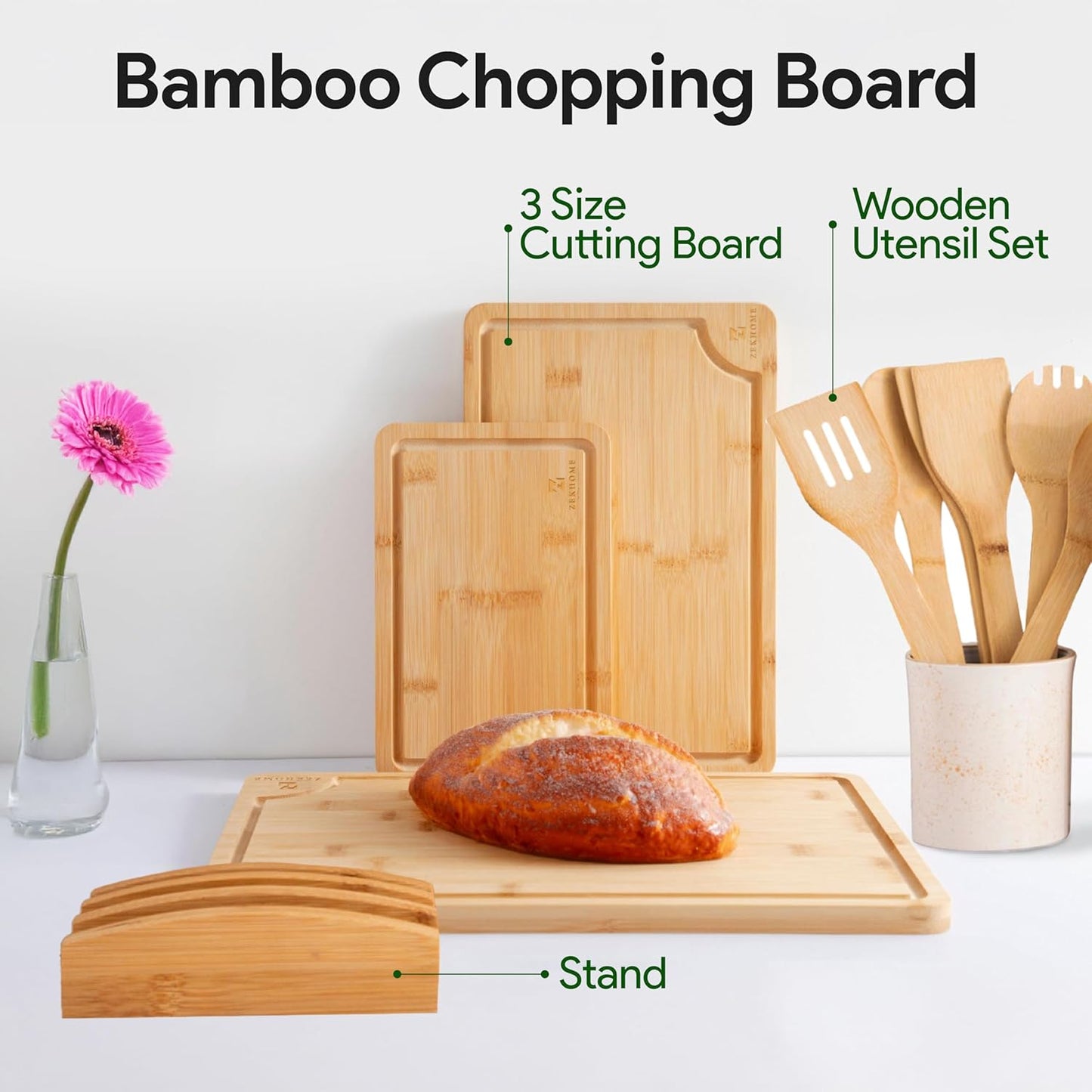 Bamboo Cutting Board Set – Wooden Cutting Board Set with Utensil and Stand – Chopping Board for Kitchen – Usable for Cheese, Meat, Chicken and Vegetables