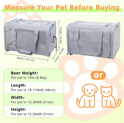 Qoosea Pet Carrier, Suitable for Small Medium Cat Dog Puppy, Soft-Sided Collapsible, Ventilated Windows, Portable Travel Cat Dog Bag (Grey)