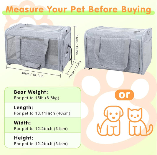 Qoosea Pet Carrier, Suitable for Small Medium Cat Dog Puppy, Soft-Sided Collapsible, Ventilated Windows, Portable Travel Cat Dog Bag (Grey) - PuriLite